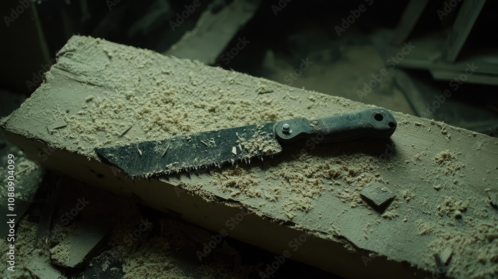 Poster dark, rustic scene featuring a worn knife resting on a wooden log covered in sawdust, creating an at