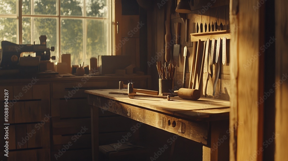 Poster cozy woodworking studio with handcrafted tools and warm lighting in a rustic cabin setting ideal for