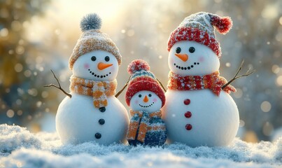 A cheerful family of snowmen in winter outfits on a snowy day