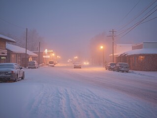 Snowstorm disrupts small town streets winter wonderland evening calm atmosphere