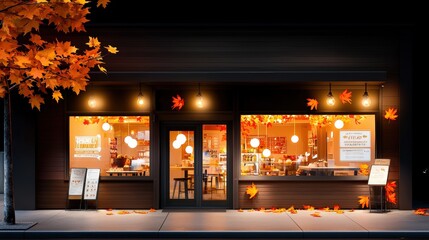 A Thanksgiving-themed storefront decorated with glowing warm lights, autumn leaves, and sale posters promoting holiday discounts.