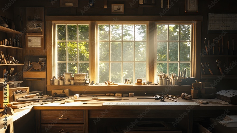 Poster sunlight streaming through a craftsman's workshop window, illuminating tools and natural light in a 