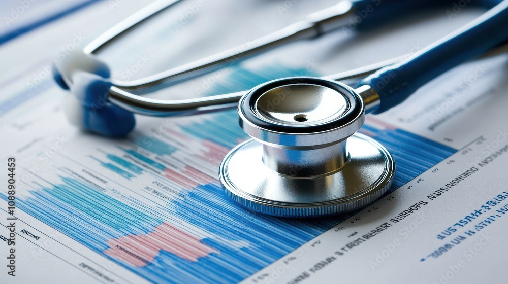 Aufkleber close-up view of a stethoscope on health data charts showing various trends in patient statistics an