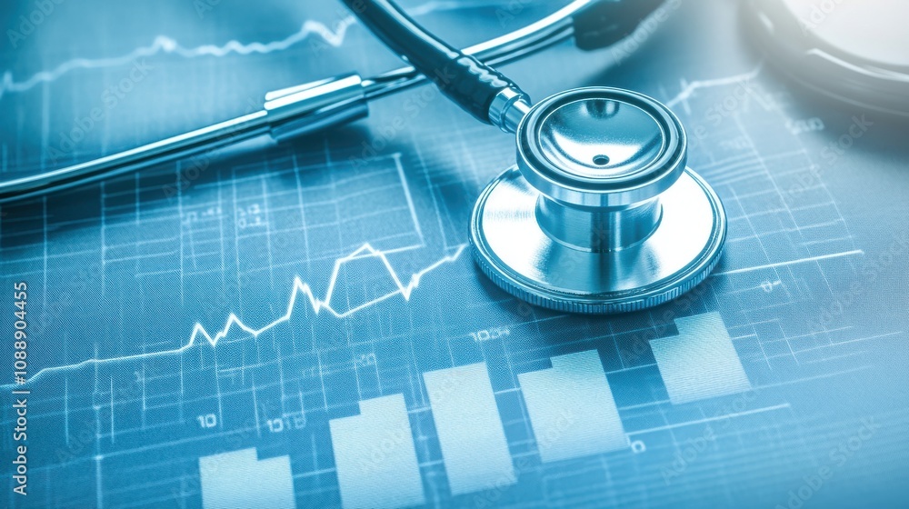 Poster close-up view of a stethoscope on a medical data visualization background representing health care a