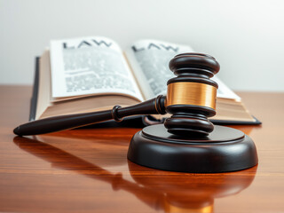 Legal gavel resting on wooden desk beside open law book in a courtroom setting
