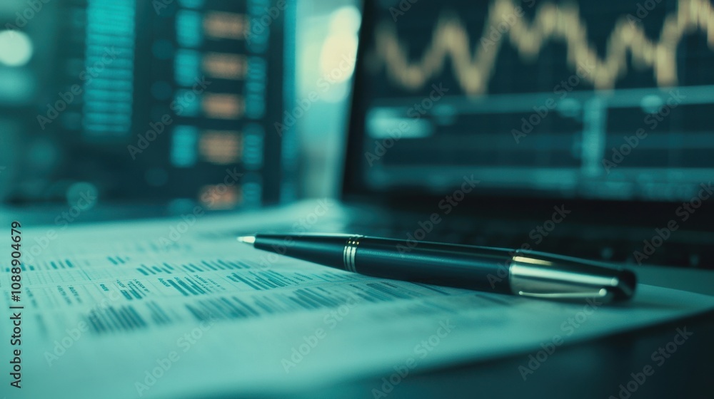 Poster close-up view of financial report with pen and digital trading graphs in background, illustrating ma