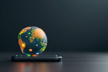 Mobile phone displaying digital globe technology concept indoor environment close-up view for global connectivity
