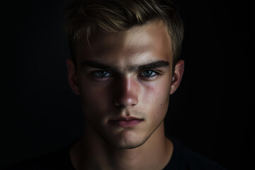 Fototapeta premium Frontal portrait of a young man, with a handsome and angry expression, against a black background. The eyes are softly lit