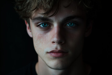 Fototapeta premium Frontal portrait of a young man, with a handsome and angry expression, against a black background. The eyes are softly lit