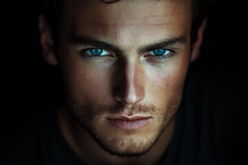 Obraz premium Frontal portrait of a young man, with a handsome and angry expression, against a black background. The eyes are softly lit