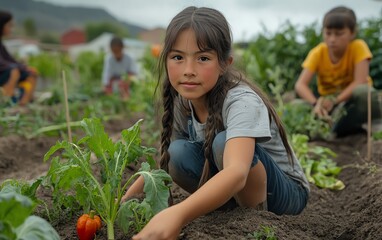 Children in a community garden planting vegetables, learning about nature, ecofriendly gardening practices, growing healthy food together