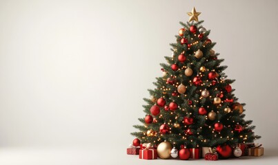 Decorated christmas tree with ornaments and lights on a white background, 3D illustration