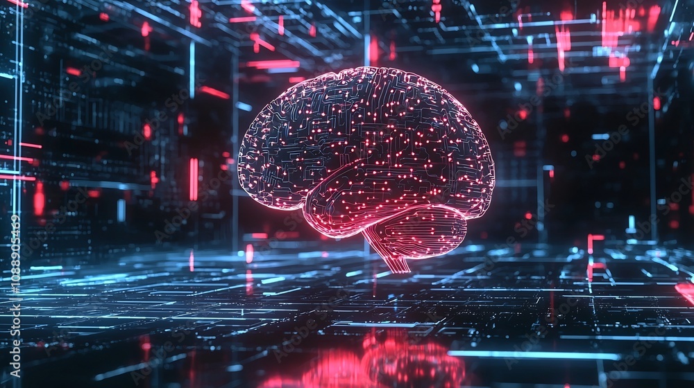 Poster glowing digital brain with neon circuits symbolizing and human cognition connection