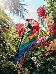 Fototapeta premium Vibrant scarlet macaw in lush tropical garden nature photography daylight