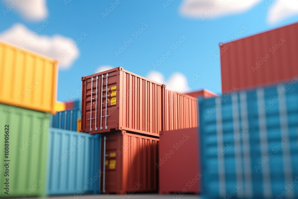 Poster shipping container stacking operations port facility industrial scene daytime close-up view logistic