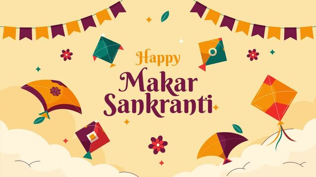 May the spirit of Makar Sankranti fill your heart with positivity and your days with success&mdash;greetings card with kites and decorations.