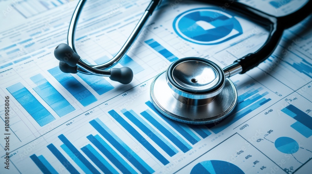 Poster detailed medical data analysis with stethoscope and graphs representing healthcare statistics and re