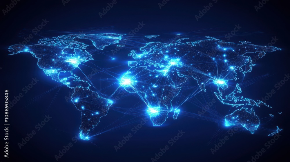 Poster digital global network map representing connections and communication across continents with bright 