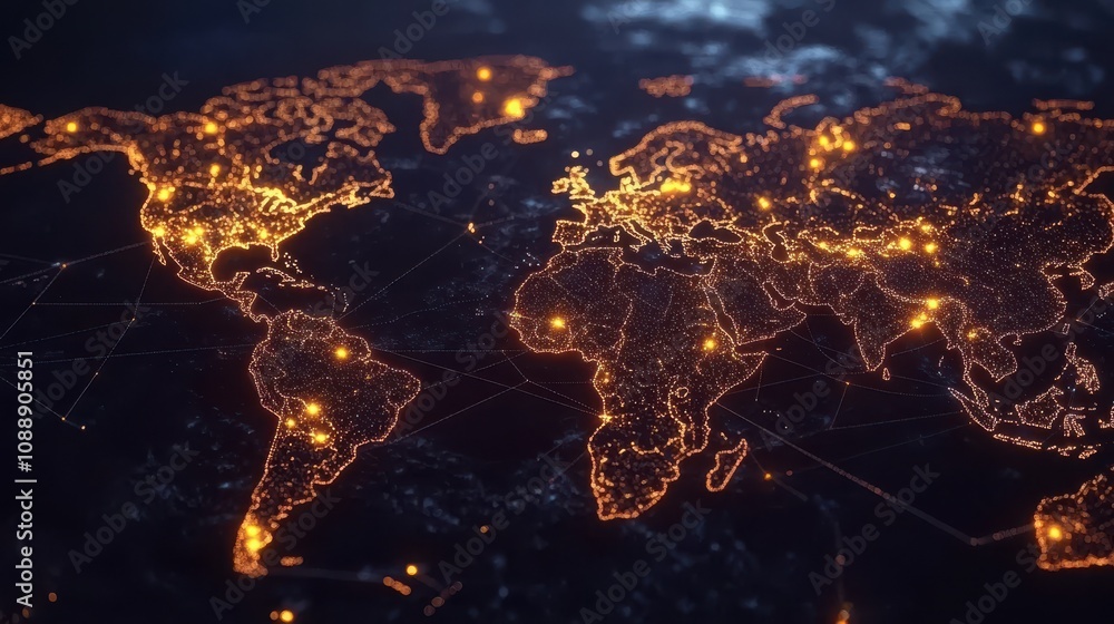 Poster global network concept with illuminated earth map displaying cities and connections in a dark backgr