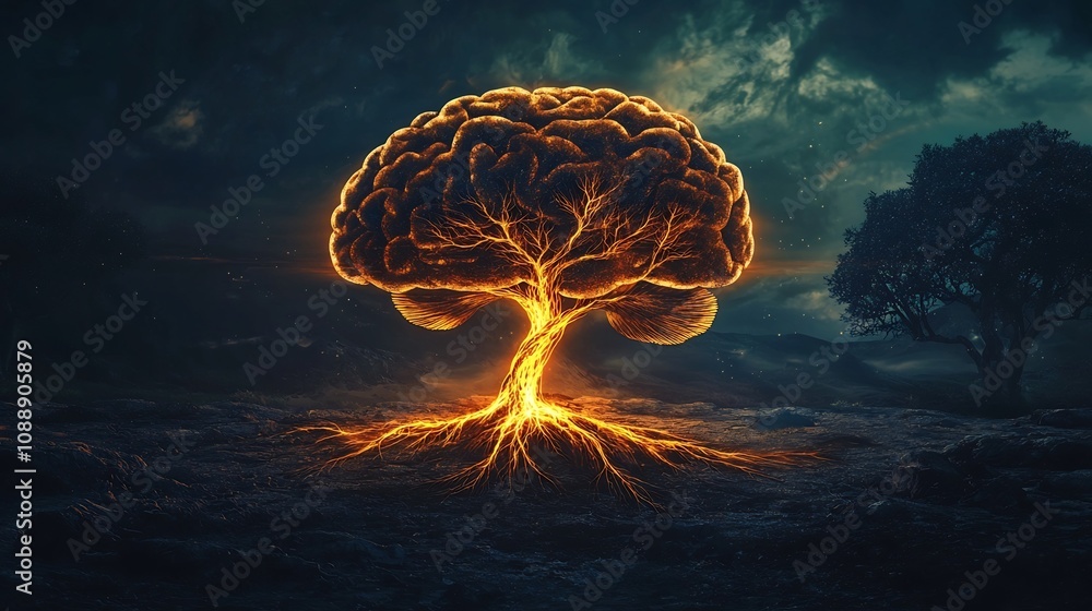 Poster glowing brain tree representing knowledge as the roots of growth and enlightenment