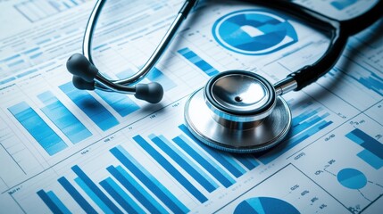 Detailed Medical Data Analysis with Stethoscope and Graphs Representing Healthcare Statistics and Results on Blue Background in Clinical Setting