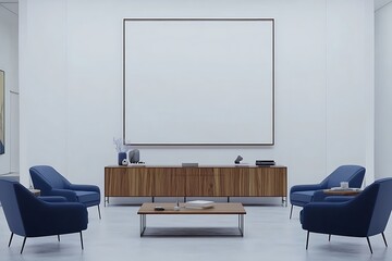 Spacious Minimalist Living Room with Blue Armchairs and a Wooden Cabinet