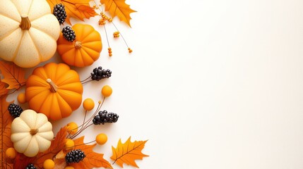 Naklejka premium A warm and inviting Thanksgiving corner border design with vibrant fall leaves, pumpkins, and fruits arranged beautifully in the lower left.