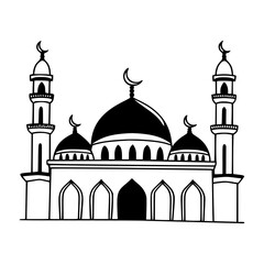 Minimalist Mosque Silhouette Design. Detailed Mosque Illustration in Black and White. Ramadan, Eid al-adha, Eid ul fitr
