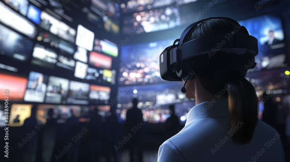 Fototapete a person in a vr headset enjoys immersive content in a dimly lit room with multiple screens showcasi