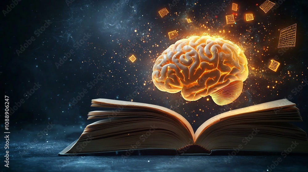 Poster brain emerging from book glowing symbols floating around symbolizing power of knowledge and educatio