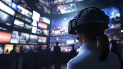 A person in a VR headset enjoys immersive content in a dimly lit room with multiple screens showcasing various visuals, embodying the essence of modern technology.