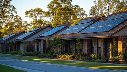 Obraz premium Closeup of solar panels on rooftops absorbing morning light, renewable energy, sustainable living, ecofriendly power technology