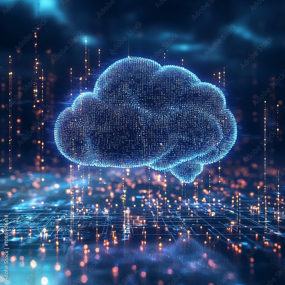 Poster floating brain in a digital cloud with glowing lines of code