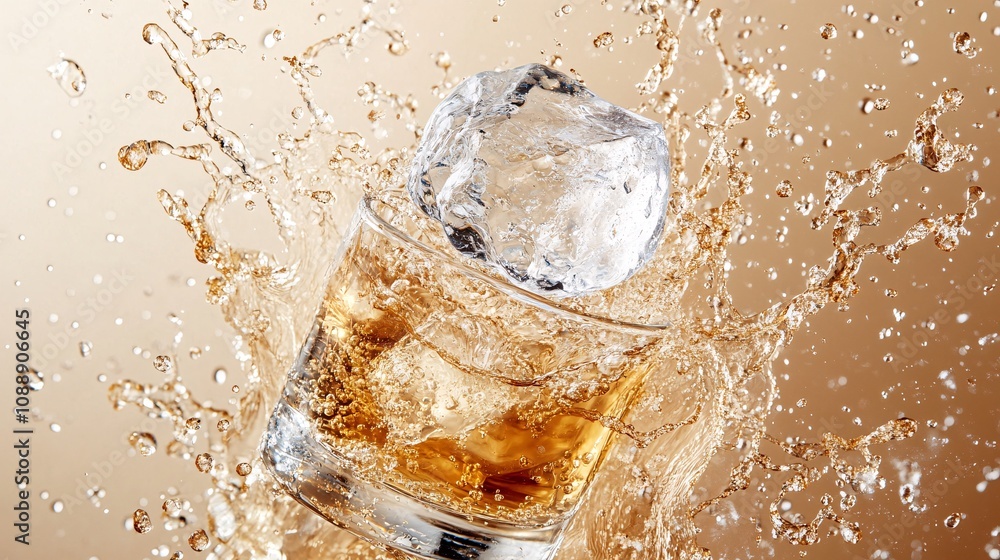 Poster 45-degree topview isolated on background a whiskey glass with a large ice sphere as liquid splashes 