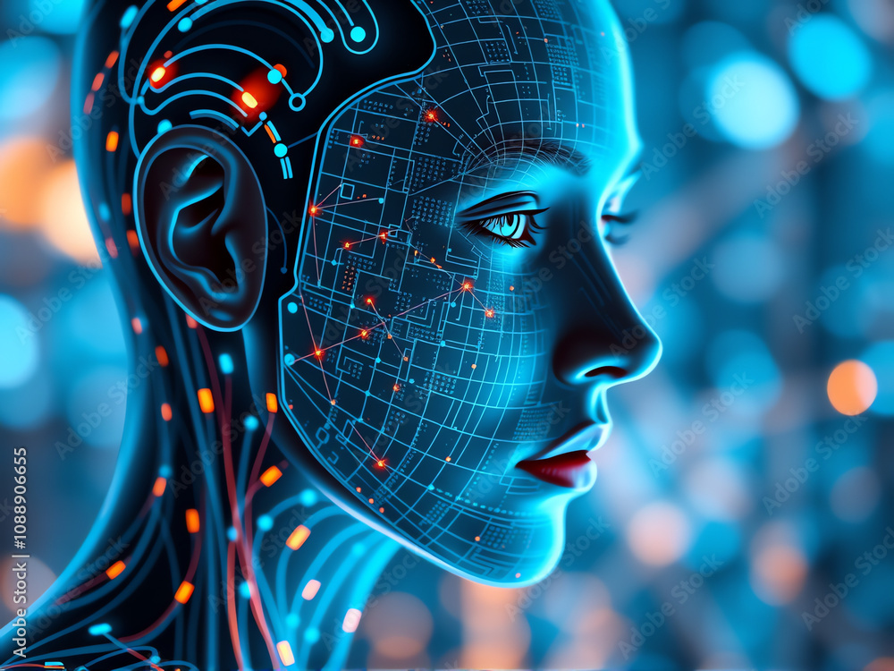 Poster futuristic robotic face with circuit patterns illuminated by blue and orange lights during a digital
