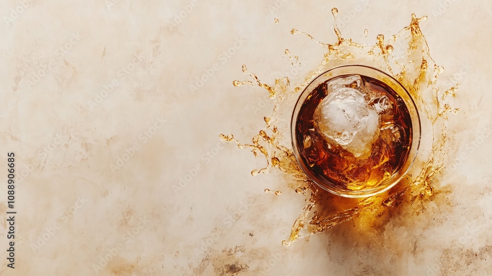 Poster 45-degree topview isolated on background a whiskey glass with a large ice sphere as liquid splashes 