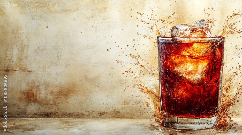 Fototapete 45-degree topview Isolated on background a whiskey glass with a large ice sphere as liquid splashes delicately around it on a warm textured beige background with side empty space for text Stockphoto