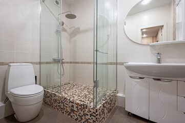 interior apartment room bathroom, sink, decorative elements, toilet. WC, sanitary unit, wash room