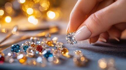 Close-up shows a jeweler setting a gemstone into a ring, surrounded by tools and sparkling gems