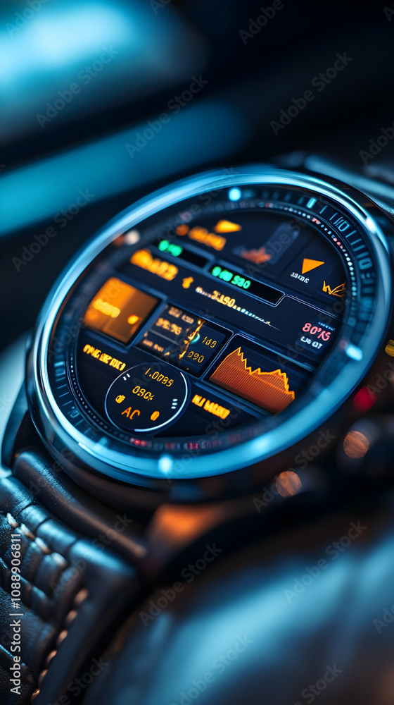 Poster close-up photo of a smartwatch displaying financial data in a dark environment