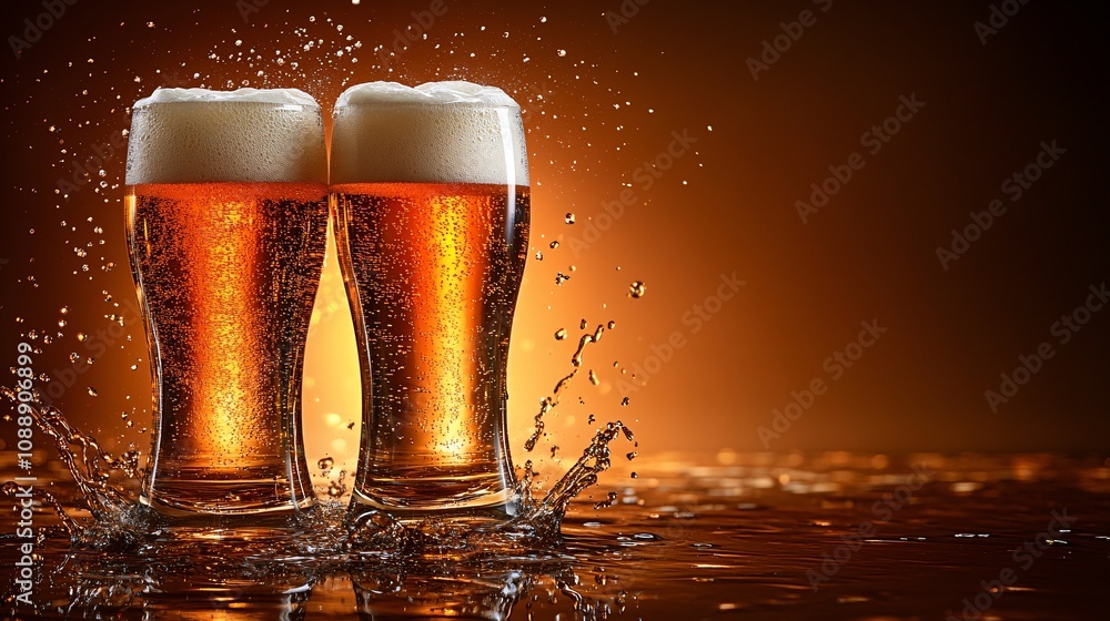 Fototapete 45-degree topview Isolated on background a set of clinking beer glasses with foam and liquid cascading dramatically on a dark amber gradient background with side empty space for text Stockphoto style