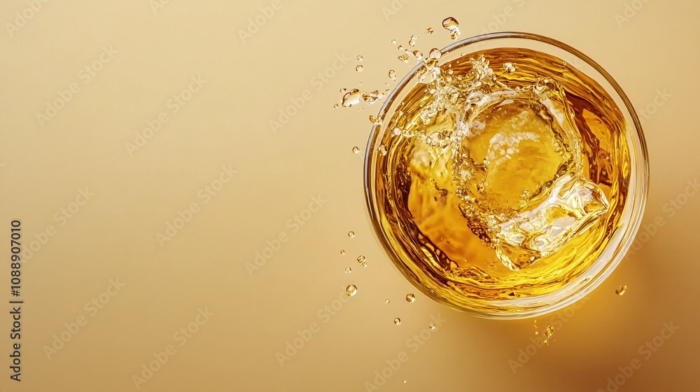 Aufkleber 45-degree topview Isolated on background a whiskey glass mid-splash as liquid swirls dynamically inside with a touch of condensation on the glass on a soft brown background with side empty space for