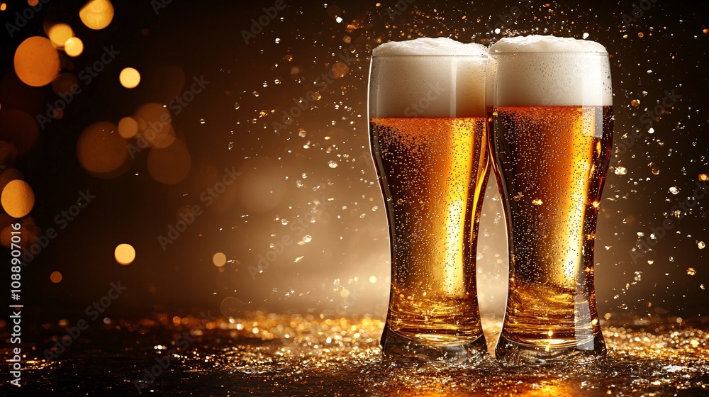 Poster 45-degree topview Isolated on background a set of clinking beer glasses with foam and liquid cascading dramatically on a dark amber gradient background with side empty space for text Stockphoto style