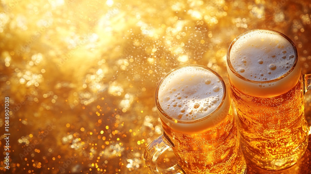 Poster 45-degree topview Isolated on background two beer mugs in a toast with frothy liquid bursting outward on a warm golden-yellow background with side empty space for text Stockphoto style