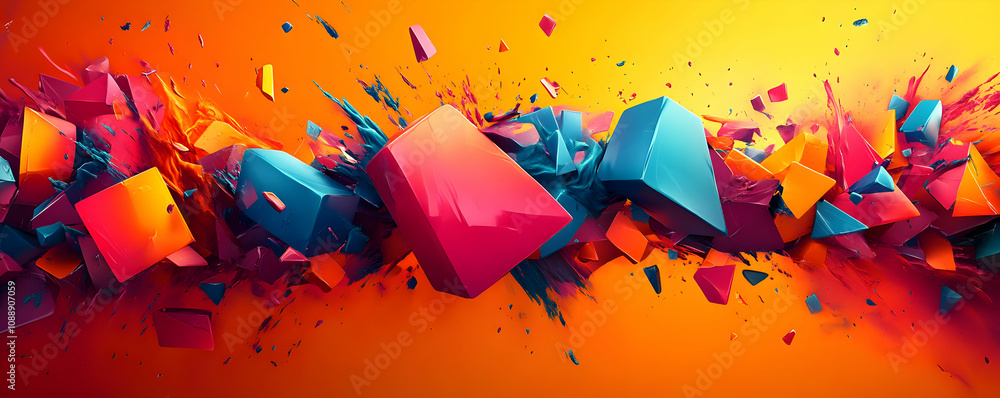 Poster colorful abstract 3d shapes exploding on orange background