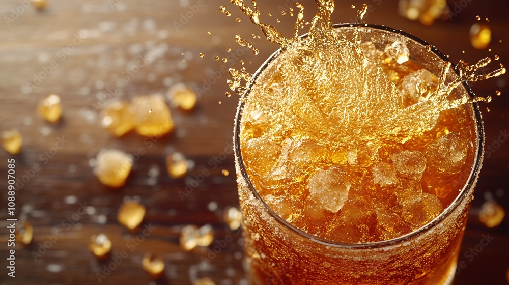 Poster 45-degree topview isolated on background a whiskey glass with scattered crushed ice and a small gold