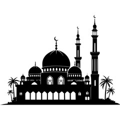 Minimalist Mosque Silhouette Design. Detailed Mosque Illustration in Black and White. Ramadan, Eid al-adha, Eid ul fitr