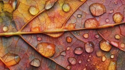 Fototapeta premium Close-up of a colorful autumn leaf with water droplets.