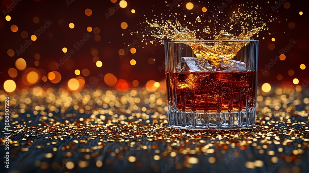 Poster 45-degree topview Isolated on background a whiskey glass with scattered crushed ice and a small golden splash frozen mid-motion on a dark woodgrain background with side empty space for text