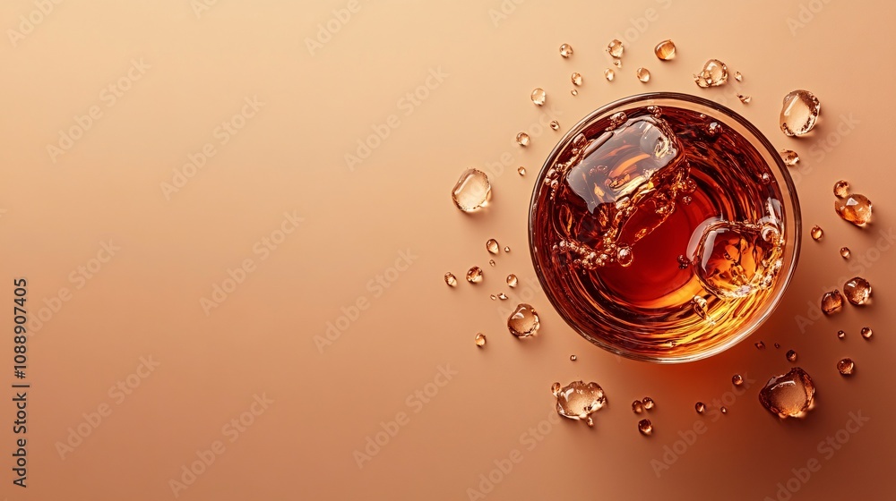Poster 45-degree topview isolated on background a whiskey glass tilted slightly with liquid ripples and a d